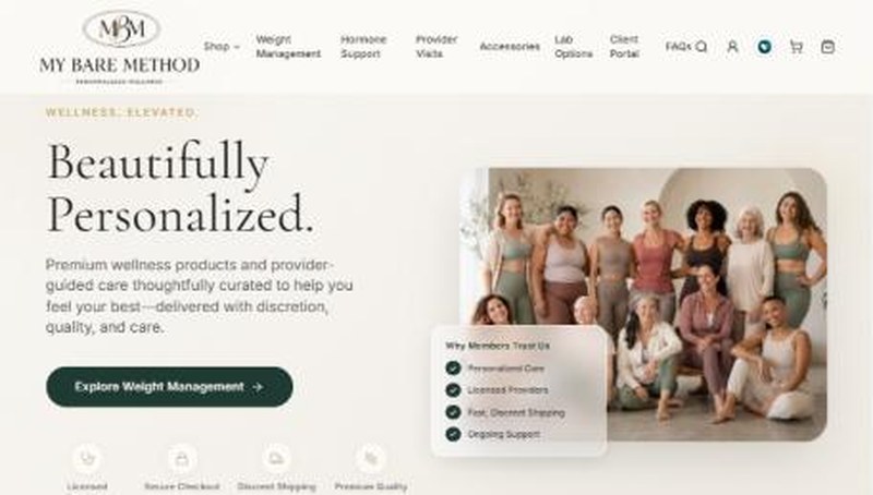 The My Bare Method home page: wellness, elevated, beautifully personalized, with a group photo and an Explore Weight Management button.