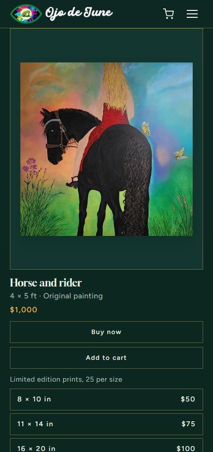 A painting's listing on a phone: Horse and rider, four by five feet, one thousand dollars, with Buy now, Add to cart and print sizes.