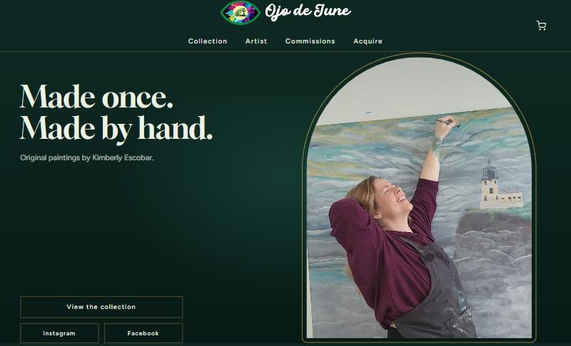 The Ojo de June home page: the headline Made once, made by hand, beside a photo of the artist at work on a large lighthouse painting.