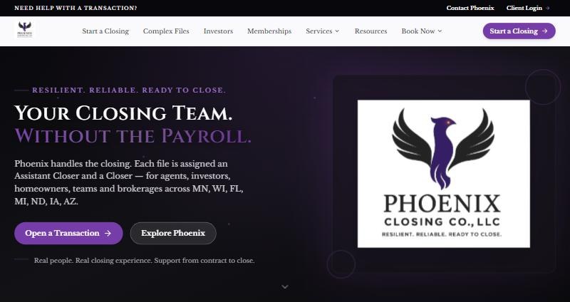 The Phoenix Closing Co. home page: Your closing team, without the payroll, with an Open a Transaction button.