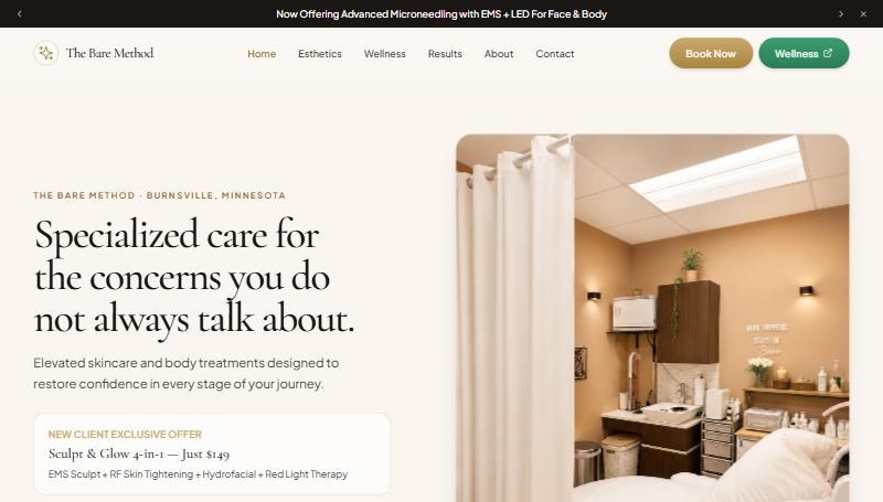 The Bare Method home page: specialized care for the concerns you do not always talk about, with a photo of a private treatment suite.